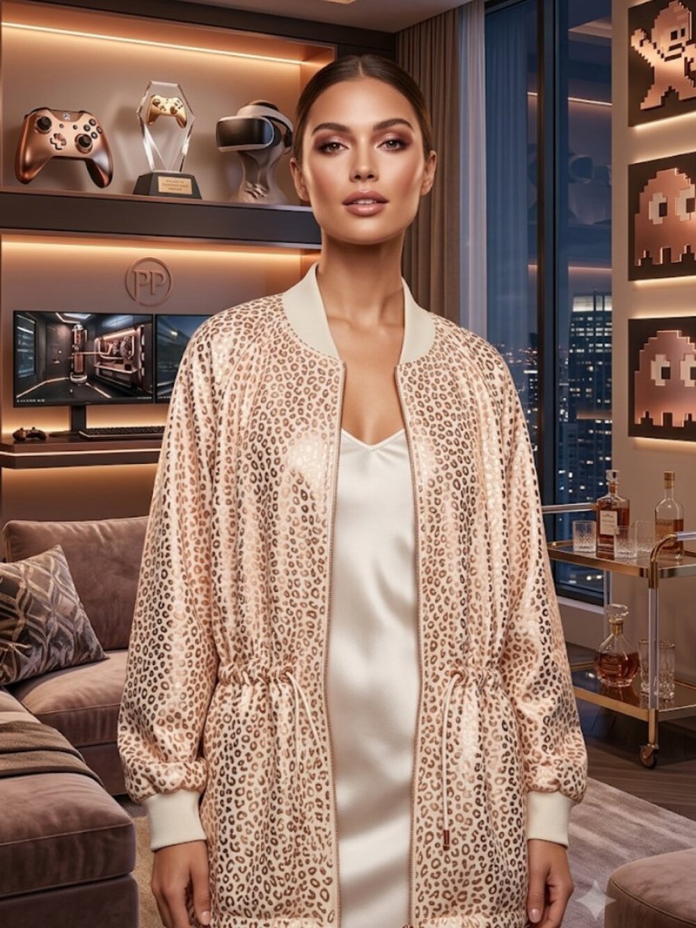 Zuda Women's Rose Gold Metallic Leopard Print Jacket Cinch Waist 3X GORGEOUS!